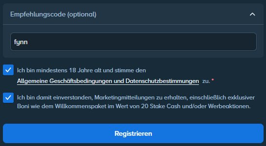 Registrierungsformular bei Stake: Das geöffnete Feld für den Empfehlungscode enthält den Code FYNN.